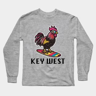 Key West Florida - Surfing Rooster (with Black Lettering) Long Sleeve T-Shirt